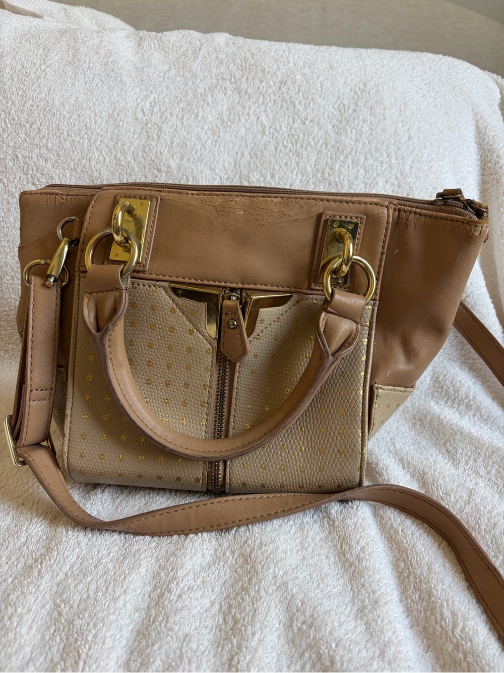 Danielle Nicole Tan and Cream Satchel with Gold Hardware